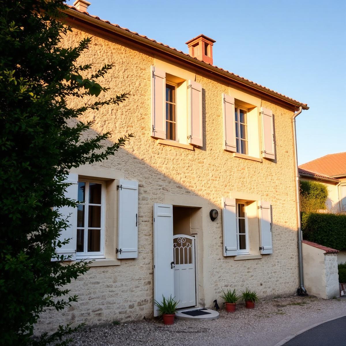 Maison de village en pierre avec volets clairs sous une lumière de fin d'après-midi